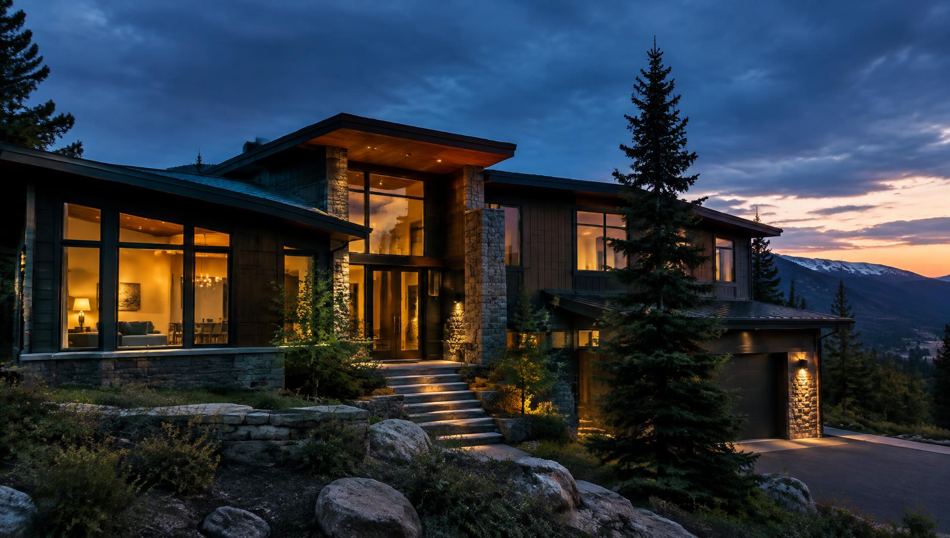 Contemporary Colorado home glowing at dusk beneath a moody mountain sky
